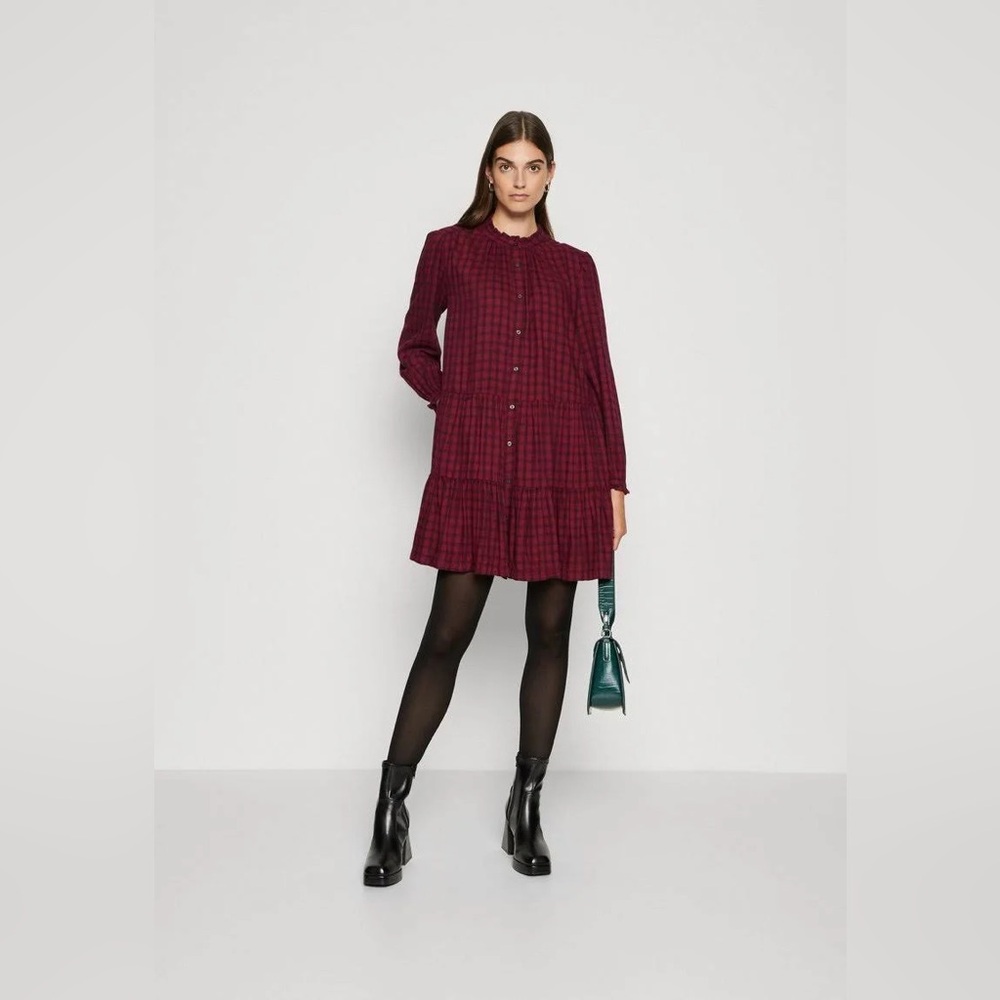 NEW Gap Flannel Burgundy Black Plaid Tiered Long Sleeve Short Dress MEDIUM
